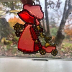 Vintage Bonnet Girl with her Wagon and Cat Flowers Sun Catcher Stained Glass